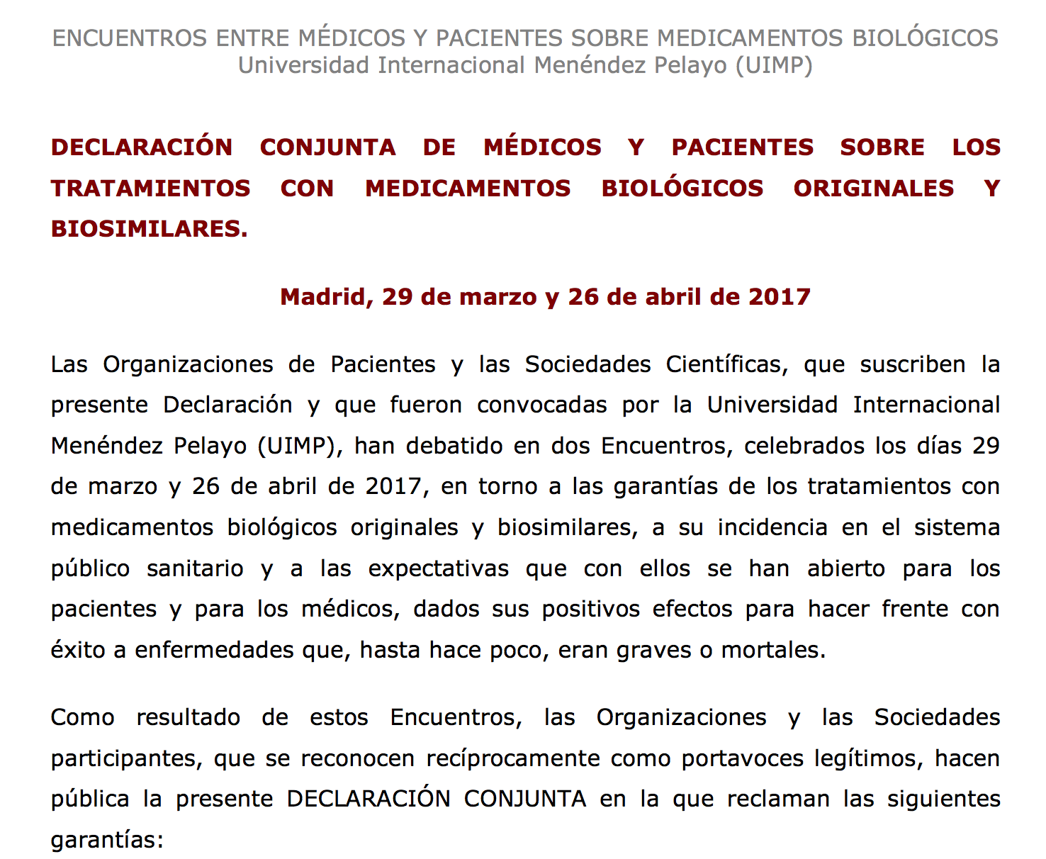 Declaración sobre tratamientos con biológicos y biosimilares